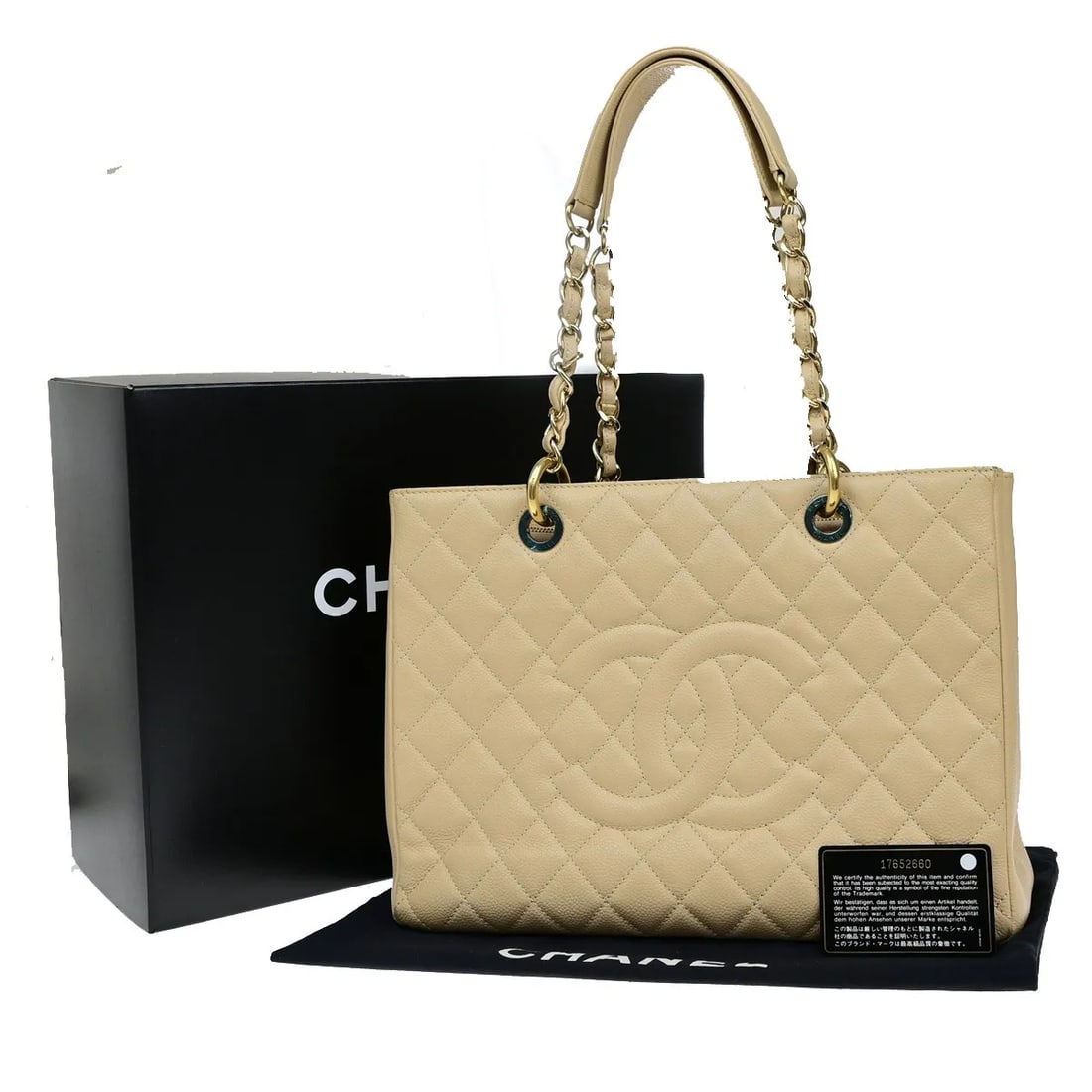 Chanel Grand Shopping Tote Leather Handbag Beige 34cm by 24cm by 13cm: Chanel Grand Shopping Tote Leather Handbag Beige 34cm by 24cm by 13cm This Chanel Grand Shopping Tote for women features a beige quilted caviar leather exterior with gold-plated hardware. The bag show