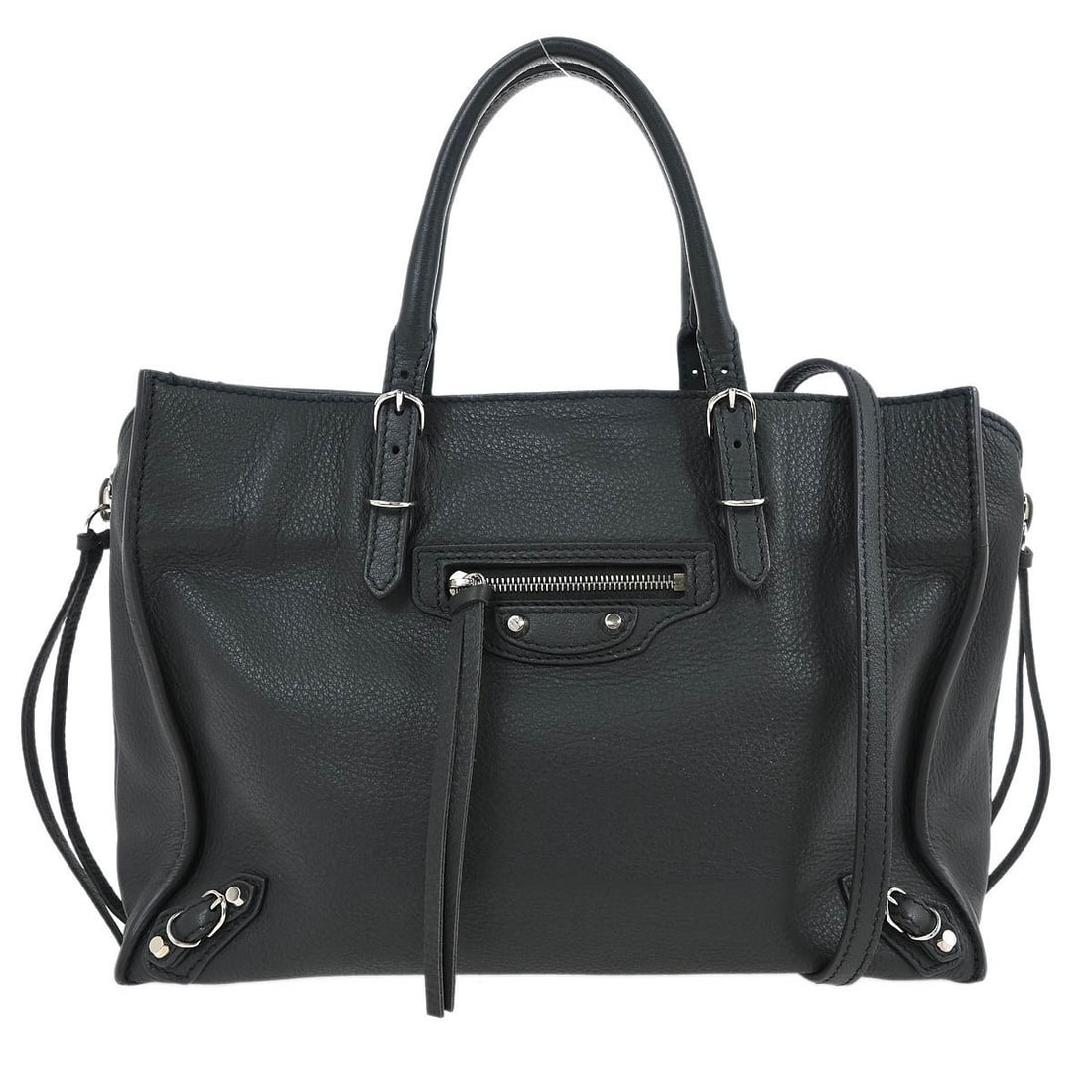 Balenciaga Papier Gray Leather 2way Top Handle Bag: Balenciaga Papier Gray Leather 2way Top Handle Bag Vintage Balenciaga Papier 2way handbag in gray leather with a top handle and detachable shoulder strap. This medium bag features logo accents, an ext