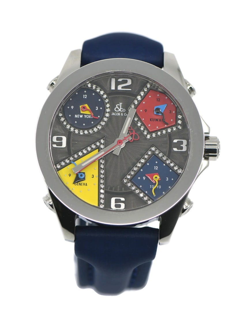 Jacob and Co Five Time Zone Diamond Steel Watch 40mm Blue Band with Box (1 of 5)