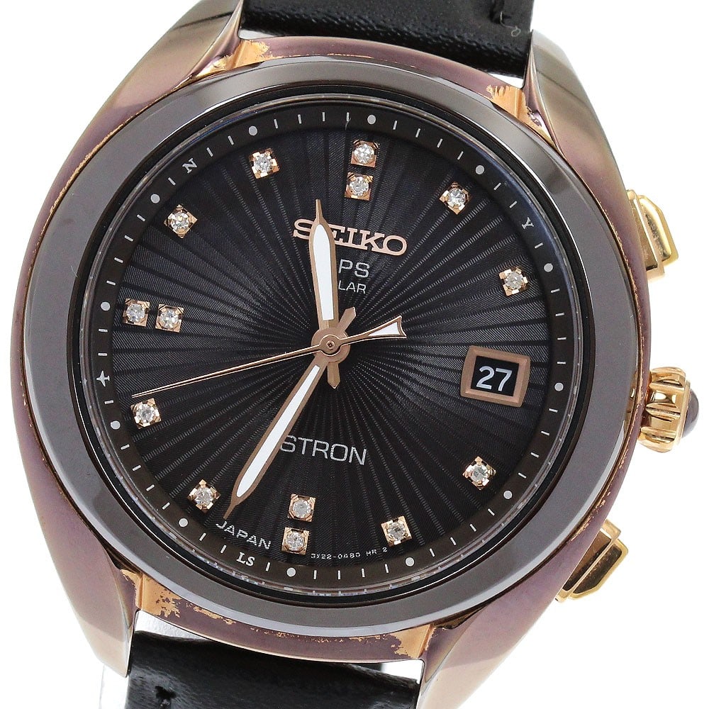 Seiko Astron Solar Radio Controlled Brown Dial Wristwatch STXD004: Seiko Astron Solar Radio Controlled Brown Dial Wristwatch STXD004 This Seiko Astron STXD004/3X22-0AA0 is a unisex wristwatch featuring a stainless steel, ceramic, and gold-plated case paired with a br