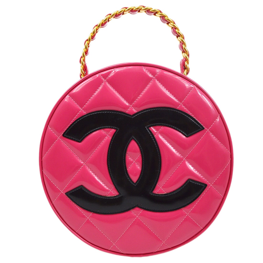 Chanel Quilted Vanity Bag Pink Patent Leather Round Top Handle: Chanel Quilted Vanity Bag Pink Patent Leather Round Top Handle Round Chanel vanity handbag in pink and black patent leather with a matelasse quilted design, top handle, zip closure, leather lining, an