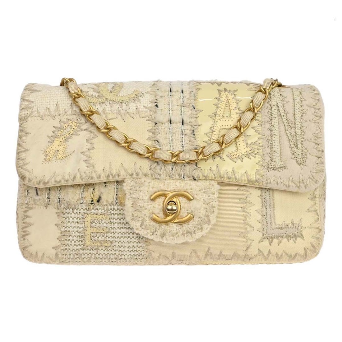 CHANEL Patchwork Shoulder Bag Off-white Tweed and Leather Medium (1 of 18)