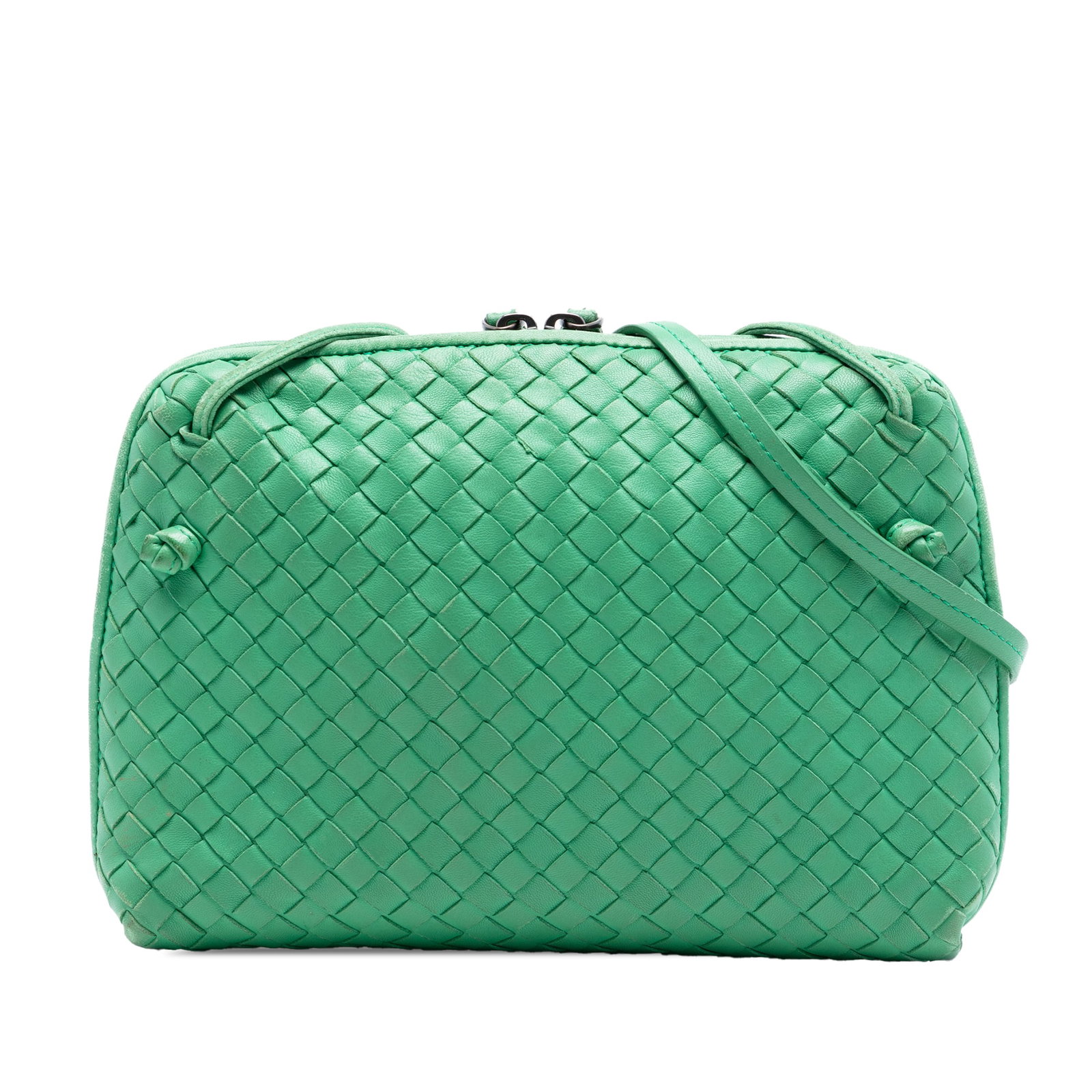 Bottega Veneta Nodini Green Leather Woven Crossbody Bag: Bottega Veneta Nodini Green Leather Woven Crossbody Bag This Bottega Veneta Nappa Intrecciato Nodini Crossbody bag features a signature woven leather exterior in green, complemented by a flat leather