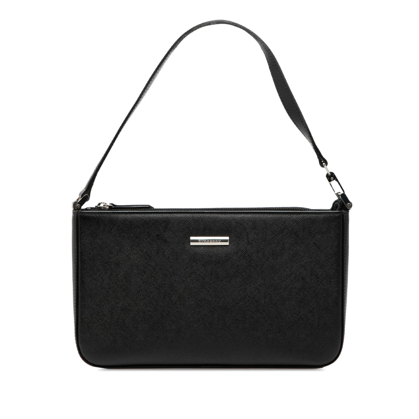 Black Leather Shoulder Purse by Burberry with Top Zip: Black Leather Shoulder Purse by Burberry with Top Zip This Burberry shoulder bag showcases a black leather body with a flat leather strap, a top zip closure, and an interior zip pocket. The bag displa