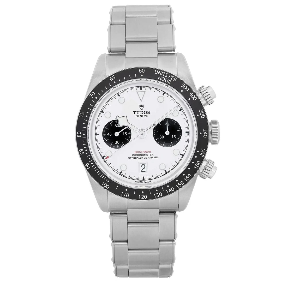 TUDOR 79360N Black Bay Chrono automatic steel watch white dial 41mm: TUDOR 79360N Black Bay Chrono automatic steel watch white dial 41mm Pre-owned Tudor Black Bay Chrono men's wristwatch in excellent condition with light signs of wear. This automatic Swiss-made watch f