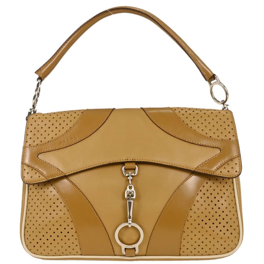 PRADA small brown leather top handle bag Italy: PRADA small brown leather top handle bag Italy Prada brown leather top handle handbag with logo accents and a small, structured profile. Made in Italy, this women's handbag features an exterior pocket