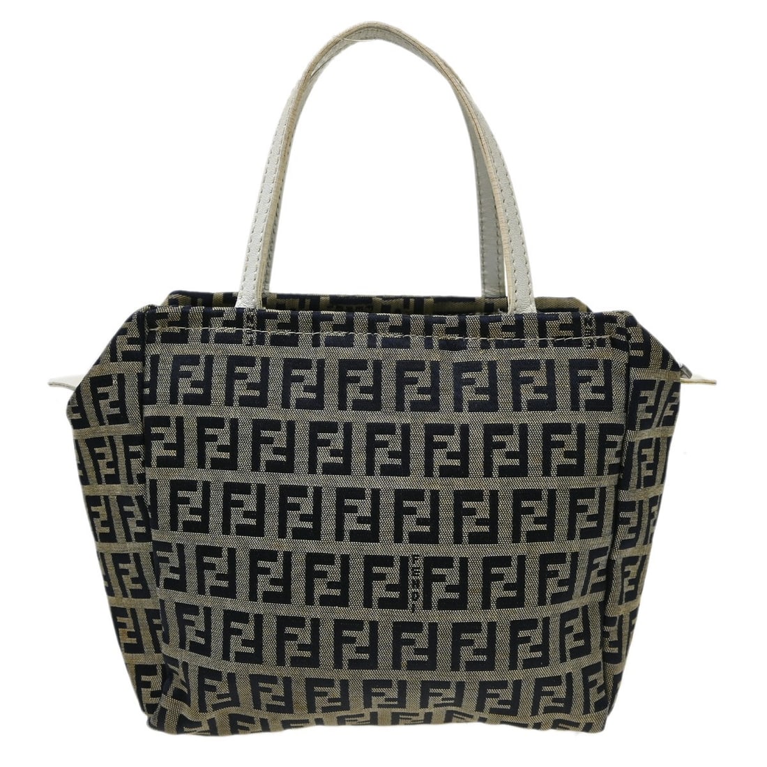 Fendi Zucchino Small Canvas Top Handle Bag Gray Navy: Fendi Zucchino Small Canvas Top Handle Bag Gray Navy Small Fendi Zucchino top handle handbag in gray and navy canvas with white leather double handles and logo accents. Made in Italy, this women's han