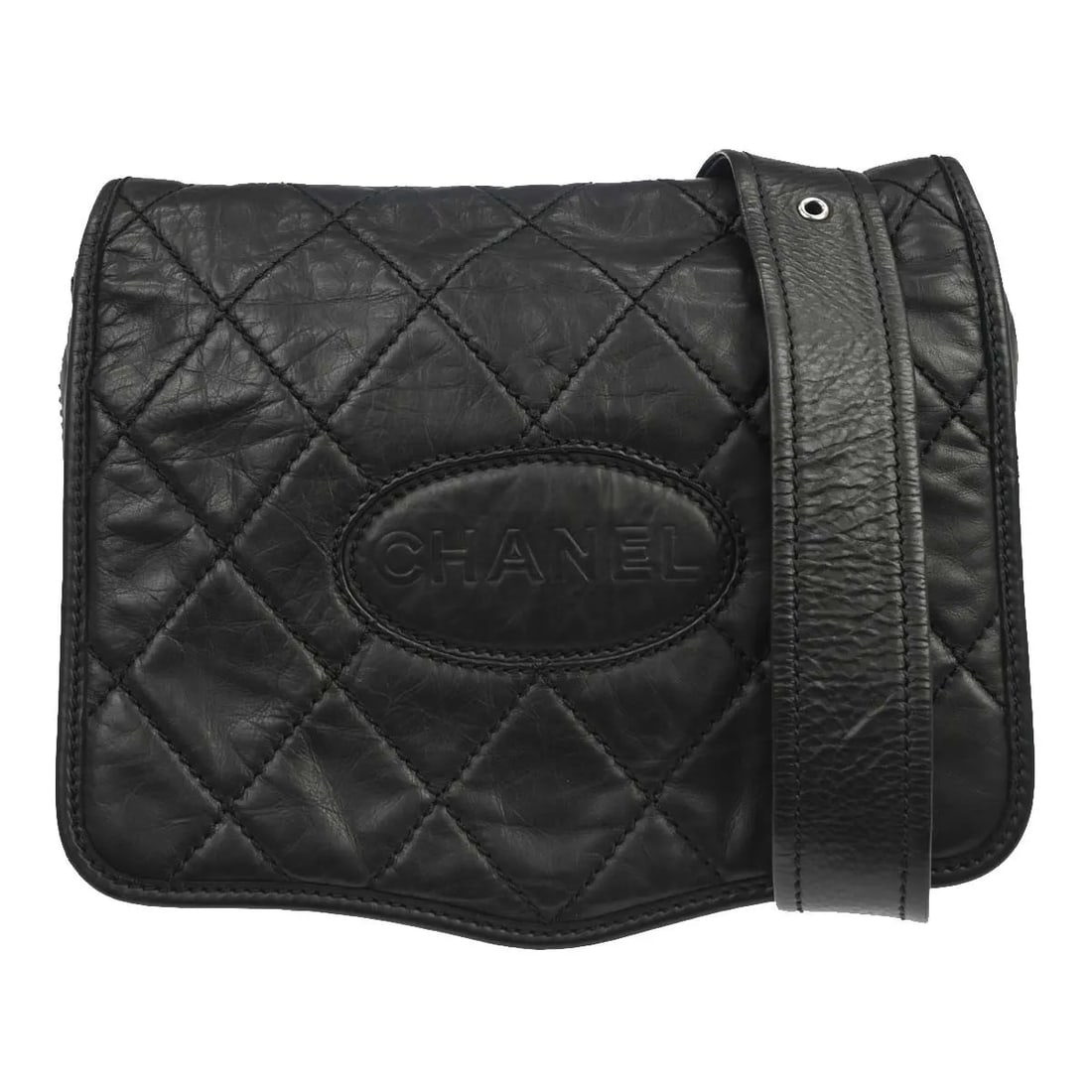 Chanel Vintage Logo Messenger Black Quilted Calfskin Bag: Chanel Vintage Logo Messenger Black Quilted Calfskin Bag Chanel Vintage Logo Messenger bag in black leather with a quilted design. This unisex messenger style is made in Italy and presents in very goo