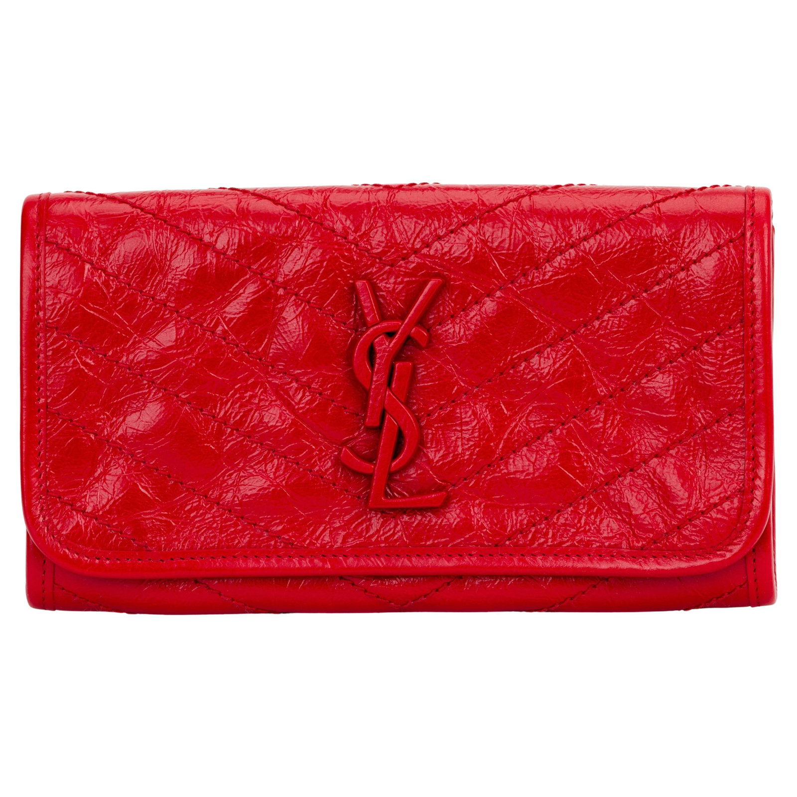Yves Saint Laurent Red Cracked Leather Wallet with Dust Cover: Yves Saint Laurent Red Cracked Leather Wallet with Dust Cover Elevate your accessory collection with this authentic Yves Saint Laurent long wallet crafted from striking cracked red leather. This versa