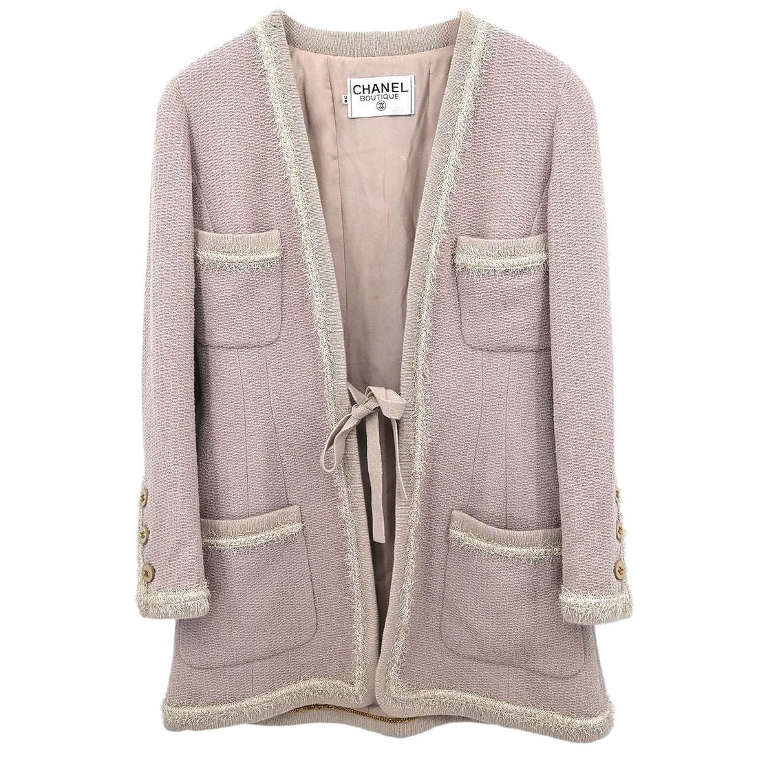 CHANEL Pink Tweed Long Sleeve Jacket Size 36 Collarless: CHANEL Pink Tweed Long Sleeve Jacket Size 36 Collarless Vintage Chanel single-breasted collarless tweed jacket in pink. This women's long-sleeve jacket features a regular fit, logo accents, and four e