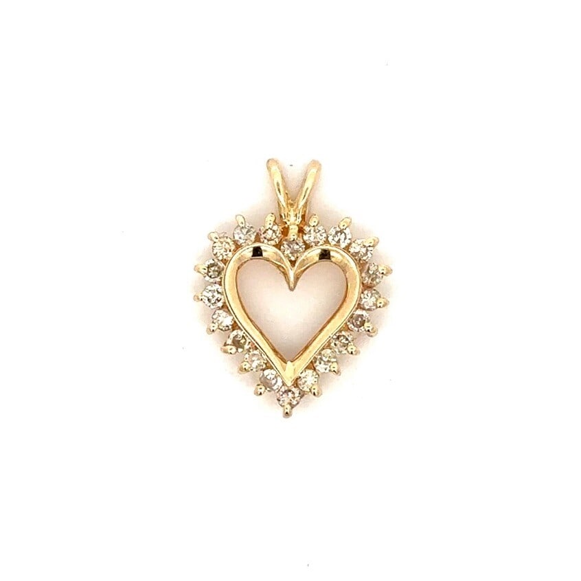14K Yellow Gold 0.50ct Champagne Diamond Heart Charm Pendant: 14K Yellow Gold 0.50ct Champagne Diamond Heart Charm Pendant This stunning charm pendant is crafted from solid 14K yellow gold and features a beautiful open heart design adorned with 20 natural, round
