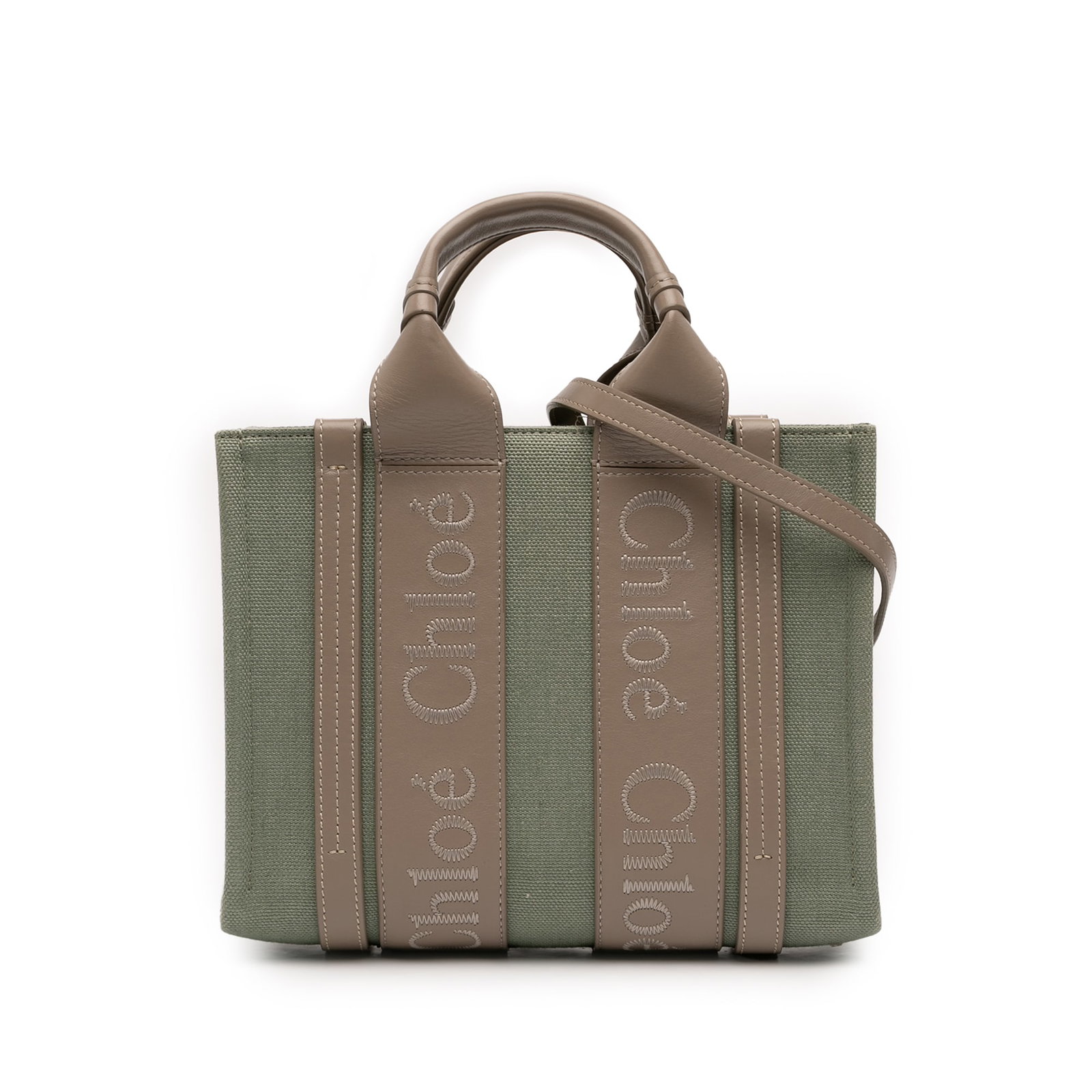 Chloe Woody Green Canvas Tote Bag: Chloe Woody Green Canvas Tote Bag This Chloe Small Canvas Woody Tote features a canvas body with leather trim, flat leather handles, a detachable flat leather strap, an open top, and an interior slip 