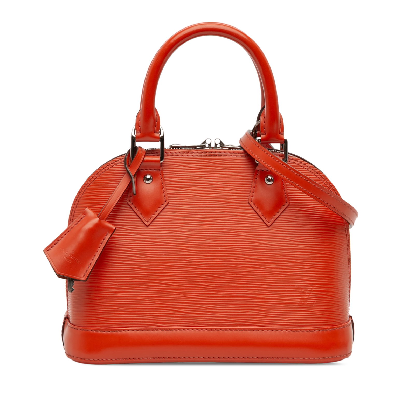 Louis Vuitton Epi Leather Alma BB Orange Top Handle Bag with Strap: Louis Vuitton Epi Leather Alma BB Orange Top Handle Bag with Strap This Louis Vuitton Epi Alma BB handbag features an epi leather body in orange, rolled leather handles, a detachable strap, a zip-arou
