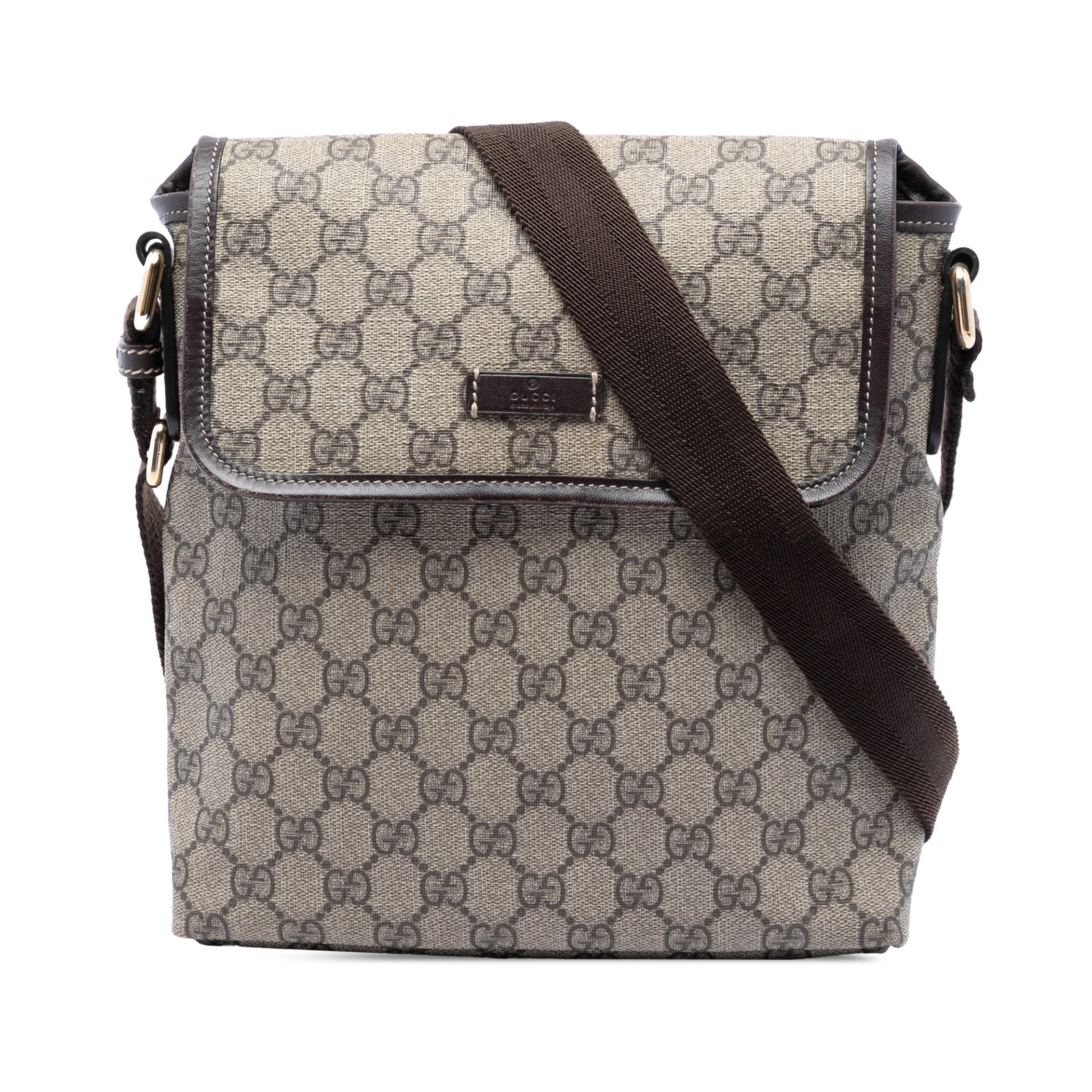 Gucci GG Supreme Beige Coated Canvas Crossbody Bag: Gucci GG Supreme Beige Coated Canvas Crossbody Bag Gucci GG Supreme Crossbody bag with a coated canvas body, leather trim, and an adjustable flat canvas strap. The design includes a front flap with ma