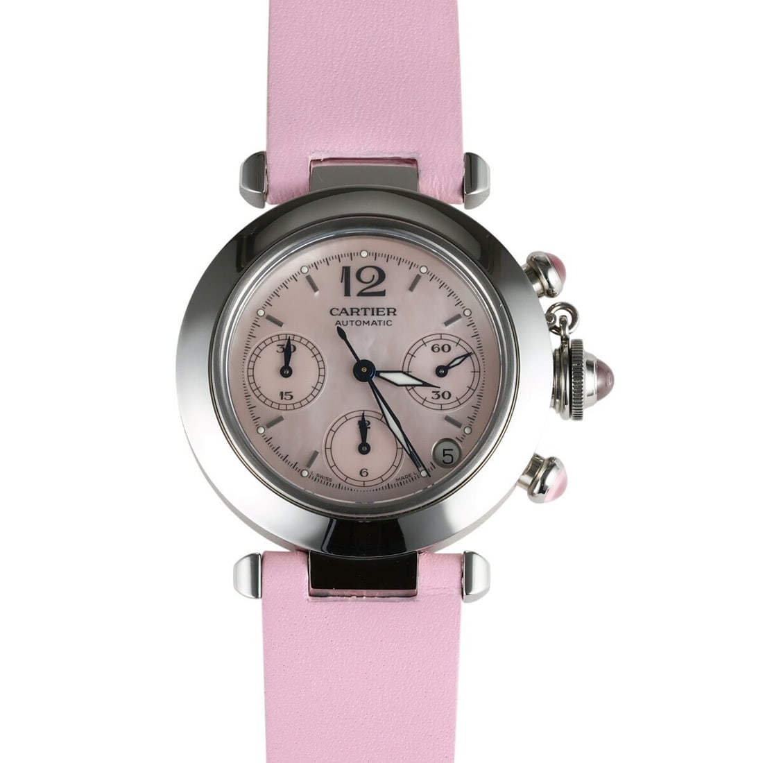 Cartier W3106599 Pasha C Chronograph Automatic Wristwatch Pink MOP SS: Cartier W3106599 Pasha C Chronograph Automatic Wristwatch Pink MOP SS Pre-owned Cartier Pasha C Chronograph wristwatch with a pink mother-of-pearl dial and stainless steel construction. This automatic