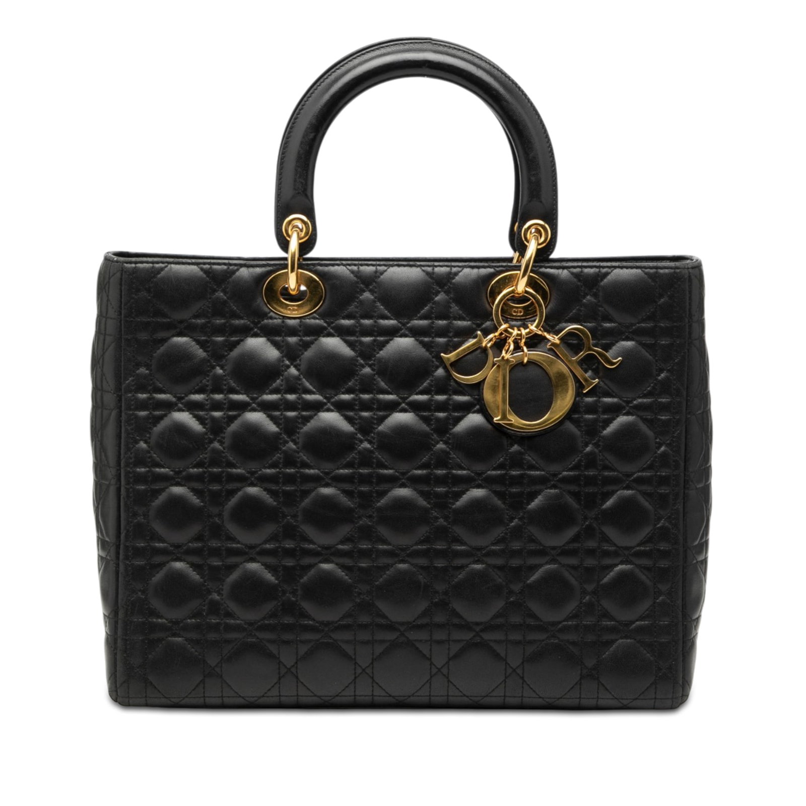 Dior Large Cannage Lambskin Lady Bag Black: Dior Large Cannage Lambskin Lady Bag Black This Lady Dior bag features a quilted lambskin leather construction in black, complemented by flat leather top handles and a top zip closure. The interior in