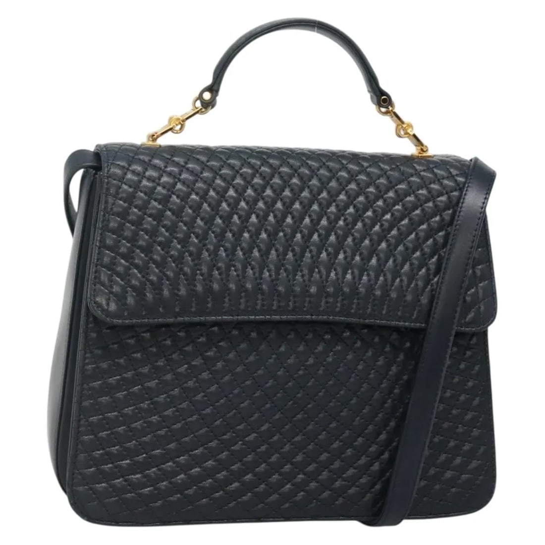 Bally Vintage Navy Leather Handbag Quilted Italy: Bally Vintage Navy Leather Handbag Quilted Italy This Bally vintage handbag is crafted from quilted navy leather and designed for women. The bag features a handle and a shoulder strap, both showing so