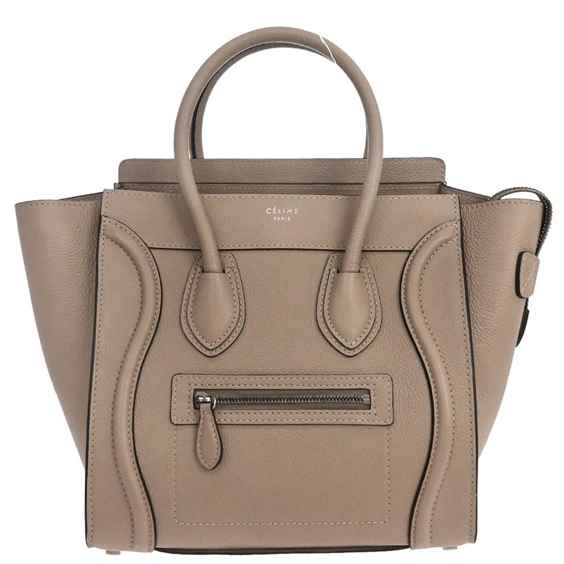 CELINE Micro Luggage Beige Leather Top Handle Bag: CELINE Micro Luggage Beige Leather Top Handle Bag Celine Luggage Micro tote handbag in beige leather with top handles and zip closure. This women's handbag features logo accents, a beige lining, one e