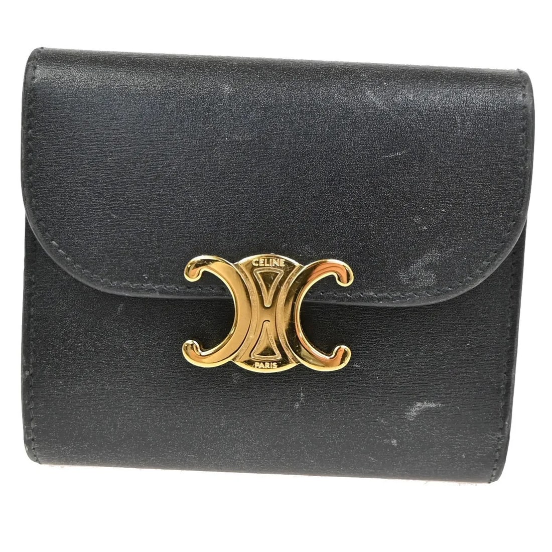Celine Triomphe Trifold Wallet Black Leather Italy: Celine Triomphe Trifold Wallet Black Leather Italy This Celine Triomphe Trifold Wallet is crafted from black leather, designed for women. It features a compact size with dimensions of 10 cm in width a