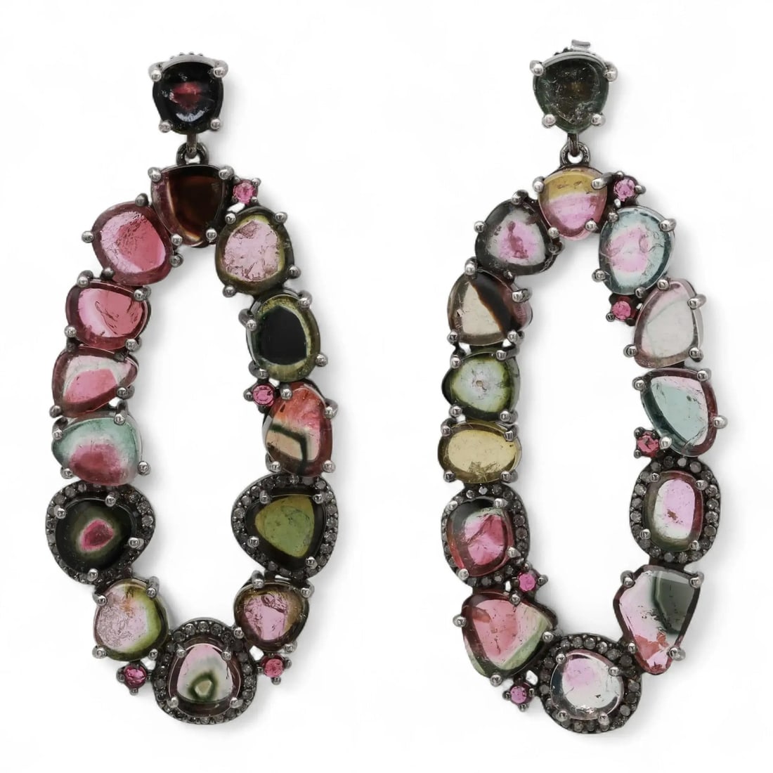 Sterling Silver Dangle Earrings With Watermelon Tourmaline and Diamond Accents: Sterling Silver Dangle Earrings With Watermelon Tourmaline and Diamond Accents These vibrant drop earrings showcase 37 prong-set watermelon tourmalines in pink and green hues, accented by round diamon