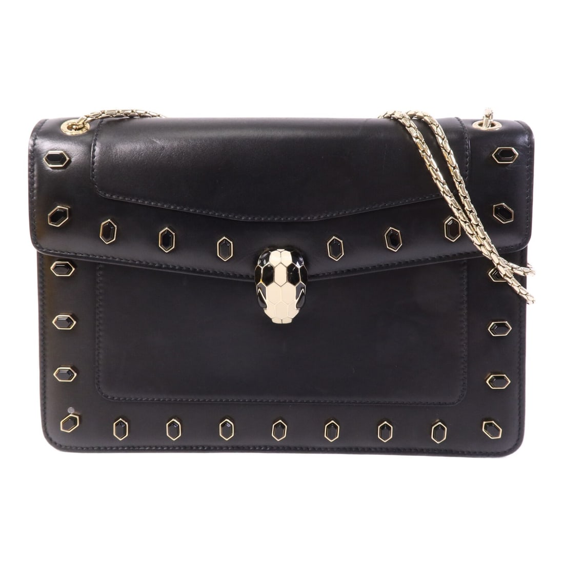 BVLGARI Serpenti Forever Black Calfskin Leather Shoulder Bag with Gold Hardware: BVLGARI Serpenti Forever Black Calfskin Leather Shoulder Bag with Gold Hardware This women's BVLGARI Serpenti Forever chain shoulder bag is crafted from black calfskin leather and features gold tone h