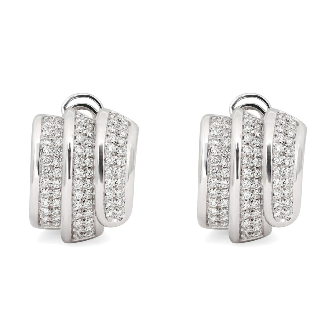 18K White Gold Salvini Huggie Earrings with 1.86ctw Round Diamonds: 18K White Gold Salvini Huggie Earrings with 1.86ctw Round Diamonds These Salvini huggie earrings are crafted from lustrous 18K white gold and feature a striking three vertical column design. Each earr