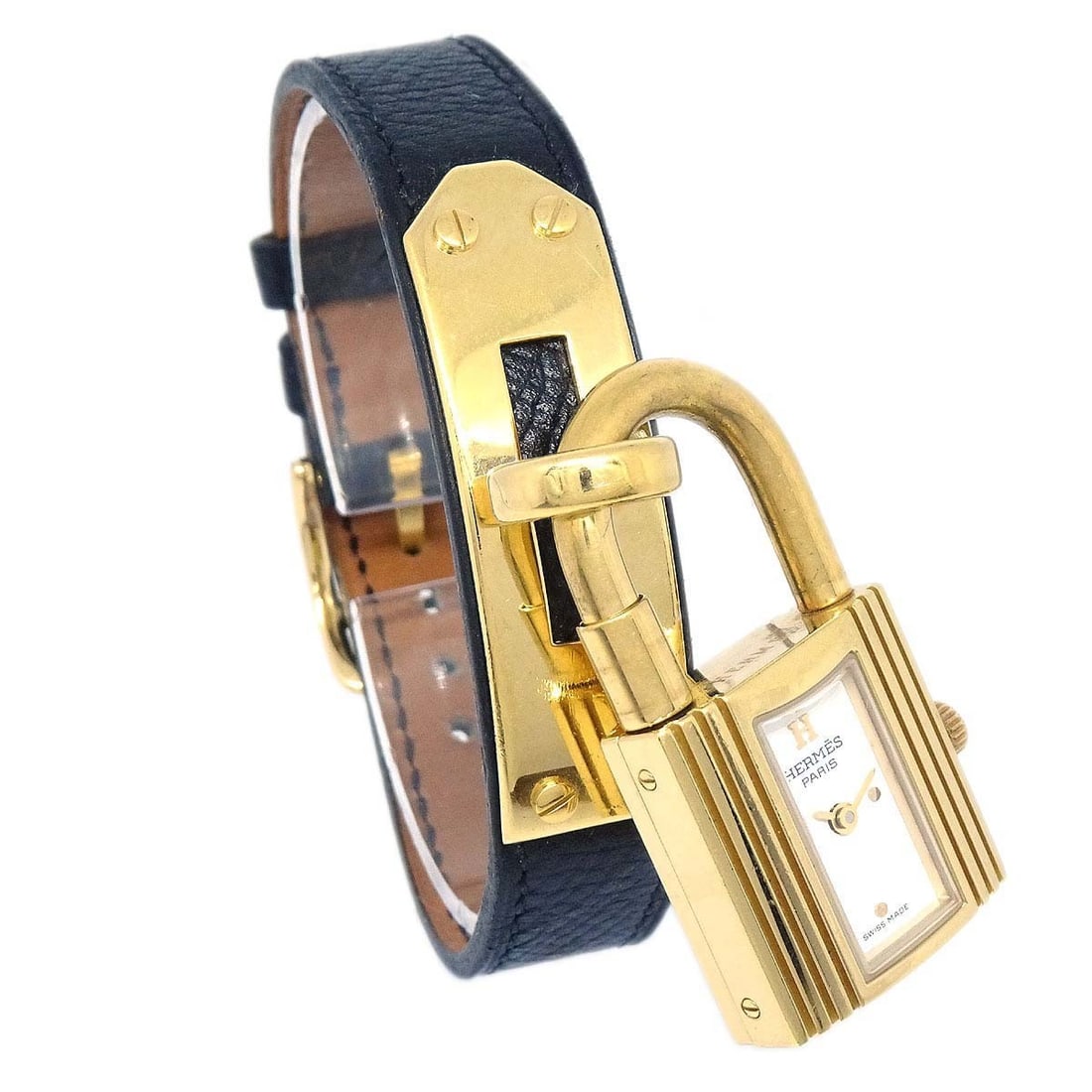 Hermes Kelly Womens Quartz Wristwatch Gold Plated Black Leather Band: Hermes Kelly Womens Quartz Wristwatch Gold Plated Black Leather Band Hermes Kelly wristwatch with a quartz movement, featuring a black Courchevel leather band, white analog dial, and gold-plated case.