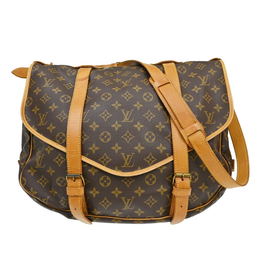Louis Vuitton Saumur 35 Monogram Canvas Crossbody Shoulder Bag M42254: Louis Vuitton Saumur 35 Monogram Canvas Crossbody Shoulder Bag M42254 Vintage Louis Vuitton Saumur 35 shoulder bag in brown Monogram canvas with leather trim and a buckle closure. This unisex bag feat