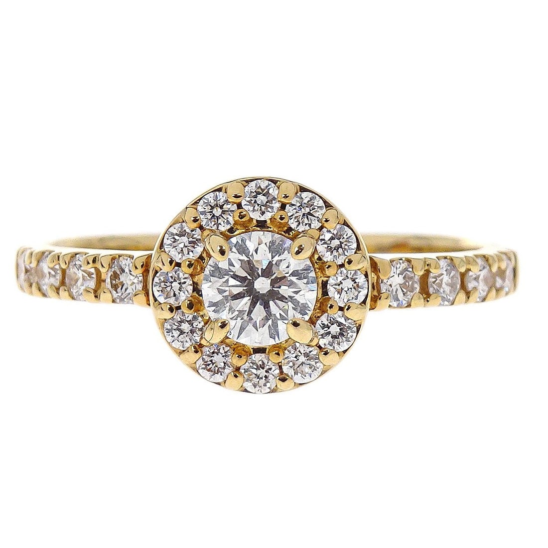 Vintage 18K Gold Diamond Ring Size 47 Round Design: Vintage 18K Gold Diamond Ring Size 47 Round Design Vintage no-brand 18K gold ring set with round diamonds. This ring has a slim profile and is described as being in very good condition, with a stamp o