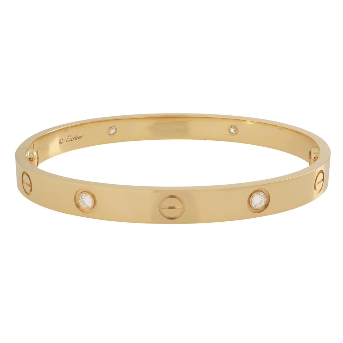 Cartier Love Bracelet 18K Yellow Gold 4 Diamonds Size 19: Cartier Love Bracelet 18K Yellow Gold 4 Diamonds Size 19 This exquisite Cartier Love Bracelet features a stunning design crafted from 18K yellow gold. Set with four brilliant round diamonds totaling 0