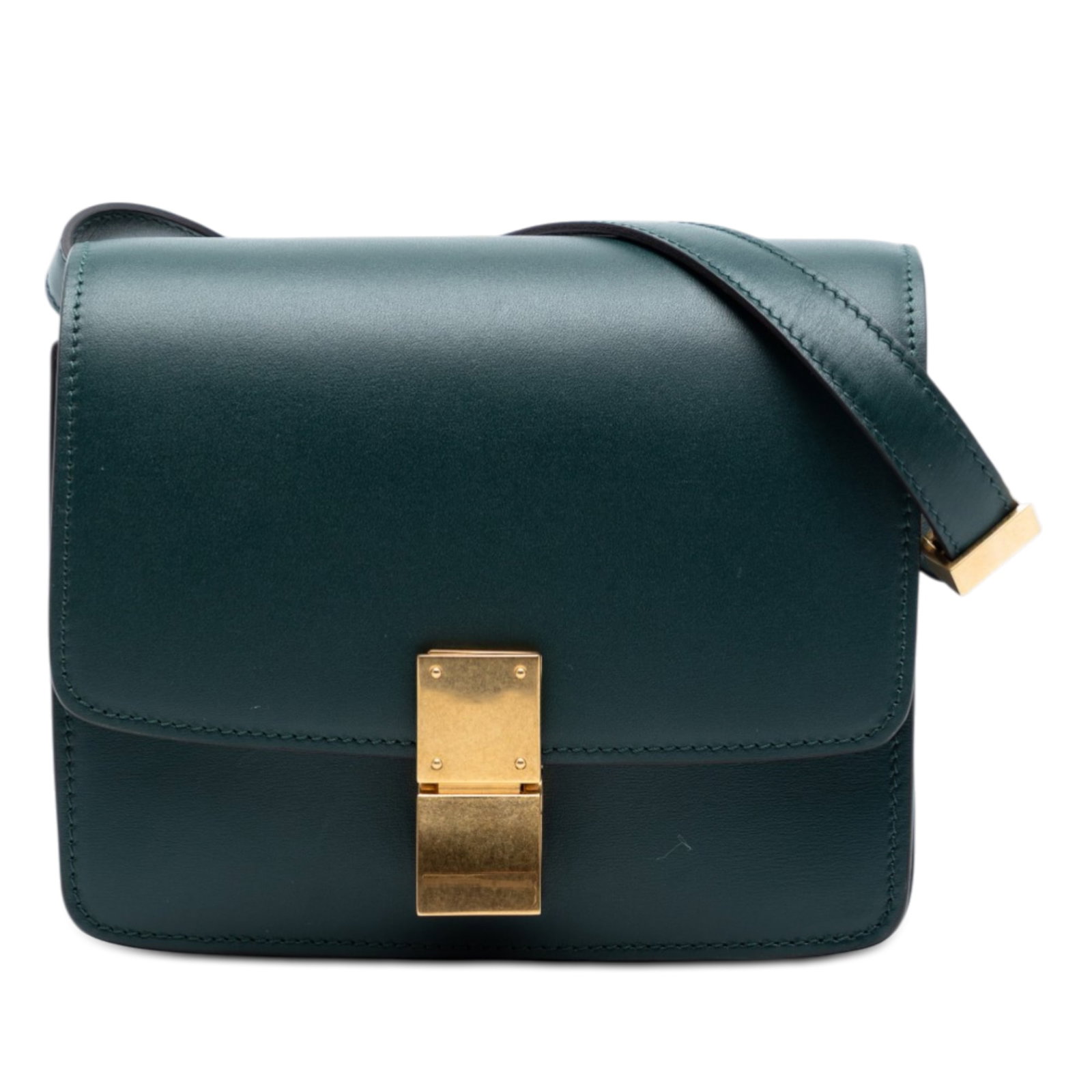 Celine Small Calfskin Box Crossbody Bag Green Leather: Celine Small Calfskin Box Crossbody Bag Green Leather This Celine Small Calfskin Classic Box crossbody bag is crafted from leather and features a flat leather strap, a front flap with a push lock clos