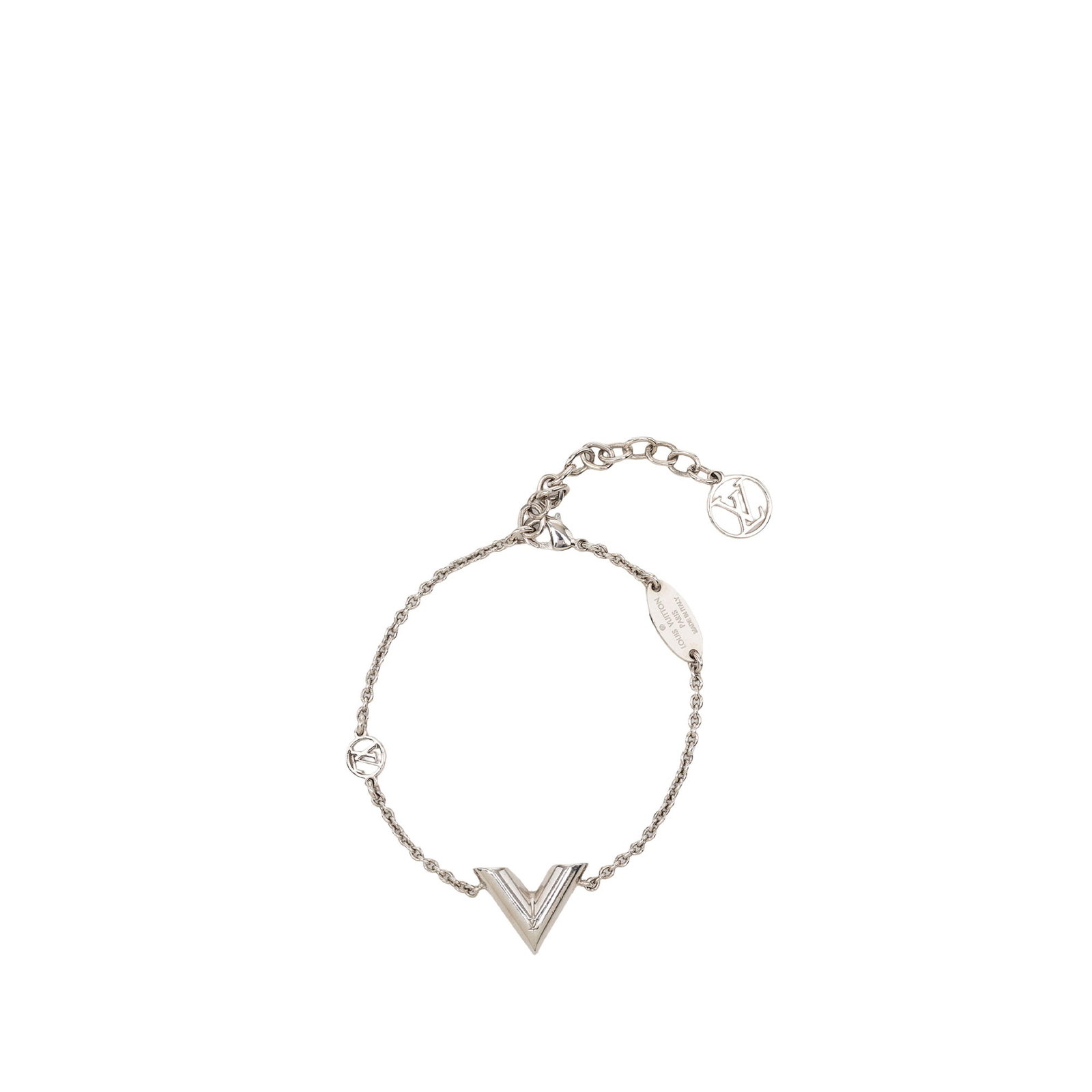 Louis Vuitton Essential V Supple metal bracelet silver tone: Louis Vuitton Essential V Supple metal bracelet silver tone Louis Vuitton Essential V Supple bracelet in silver-tone metal with a lobster claw clasp. This costume jewelry piece is made in Italy and in