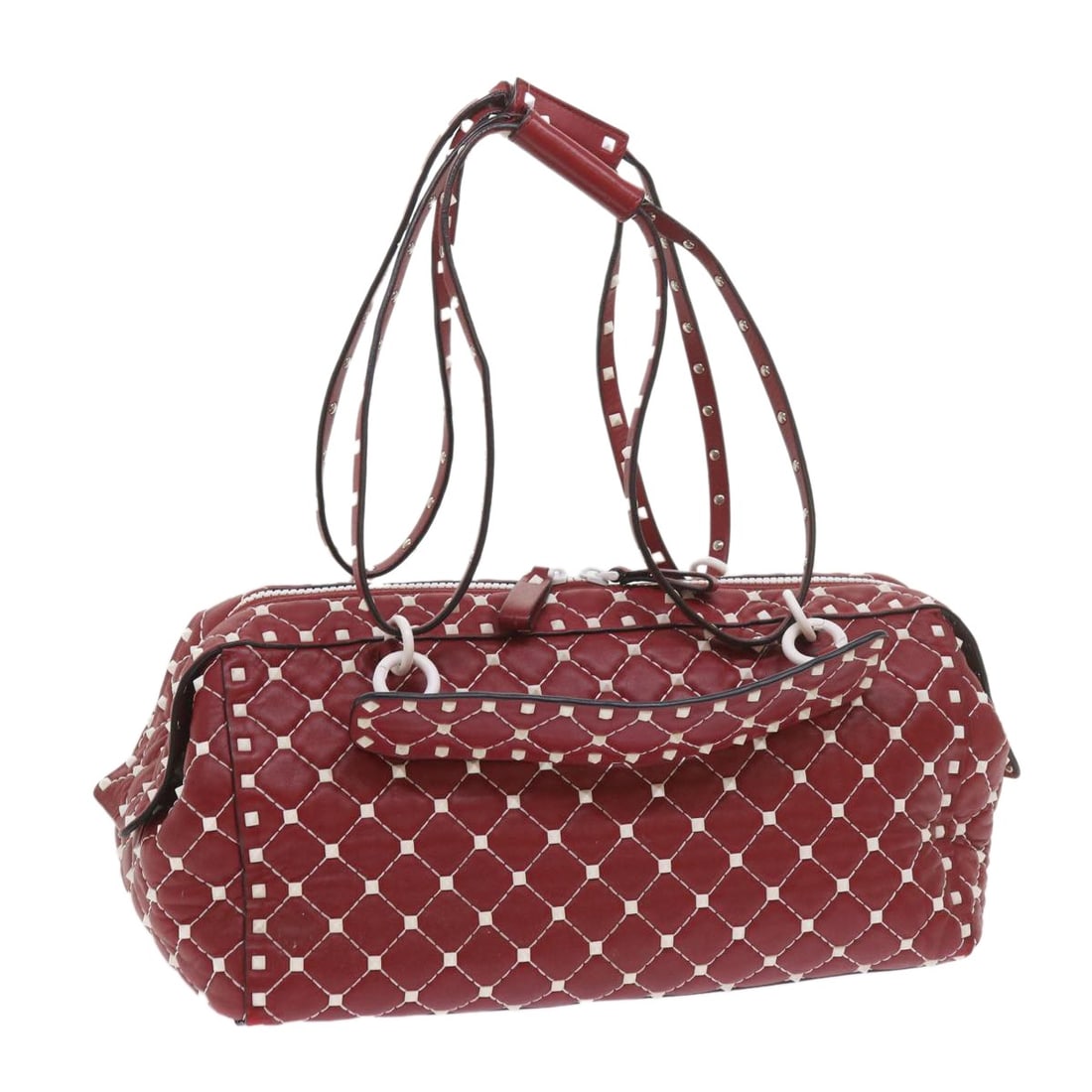 Valentino Rockstud red white lambskin shoulder bag Italy: Valentino Rockstud red white lambskin shoulder bag Italy This Valentino Rockstud shoulder bag is crafted from lambskin leather in a striking red and white color combination. Designed for women, it fea