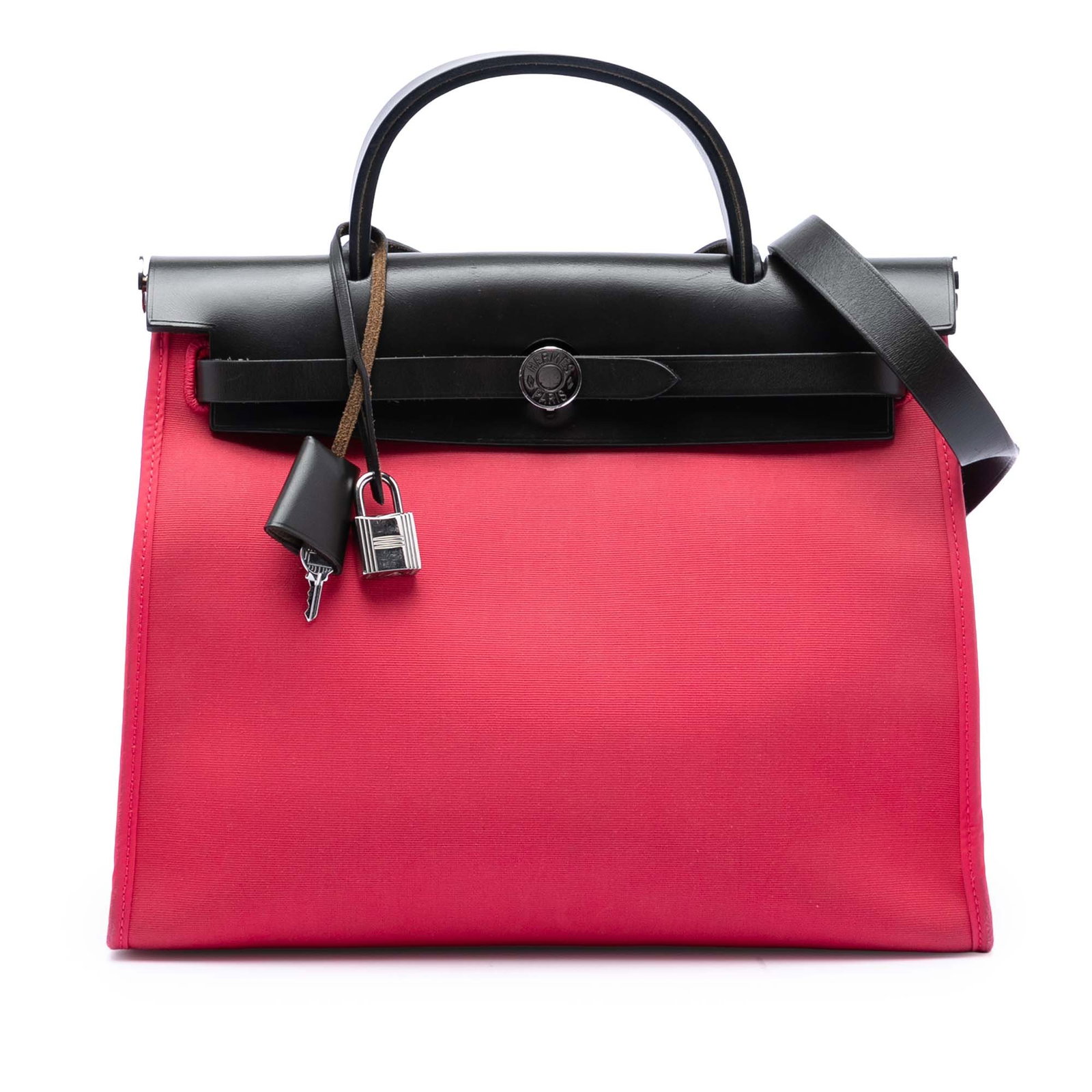 Herbag Zip 31 Pink Canvas Shoulder Bag with Leather Trim by Hermes: Herbag Zip 31 Pink Canvas Shoulder Bag with Leather Trim by Hermes The Hermes Toile Herbag Zip 31 is crafted with a canvas body and leather trim, featuring a flat leather top handle and a flat leather