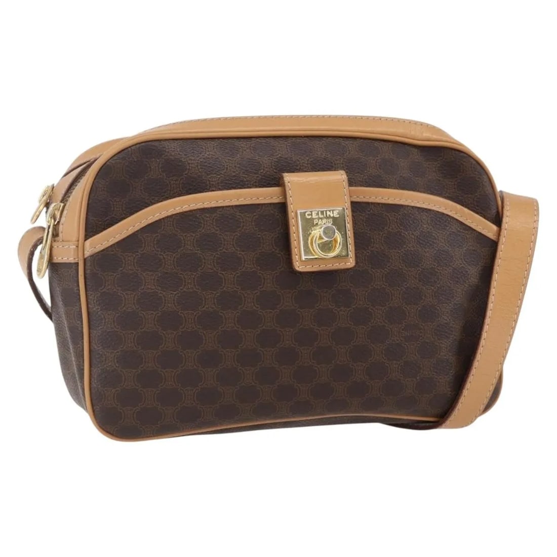 Celine Brown Macadam Shoulder Bag in PVC and Leather: Celine Brown Macadam Shoulder Bag in PVC and Leather This pre-owned Celine Macadam shoulder bag features brown PVC material with leather accents and is designed for women. The bag shows signs of use i