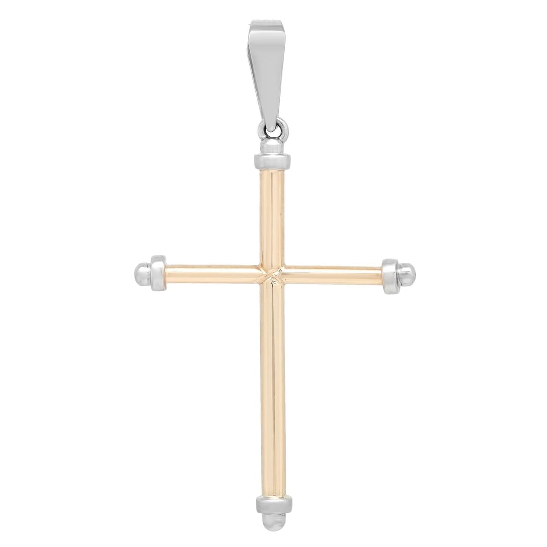 Rachel Koen Two Tone Cross Pendant 14K Gold Handmade Gift Boxed: Rachel Koen Two Tone Cross Pendant 14K Gold Handmade Gift Boxed This elegant cross pendant by Rachel Koen is crafted from lustrous 14K yellow and white gold, showcasing a minimalist design perfect for