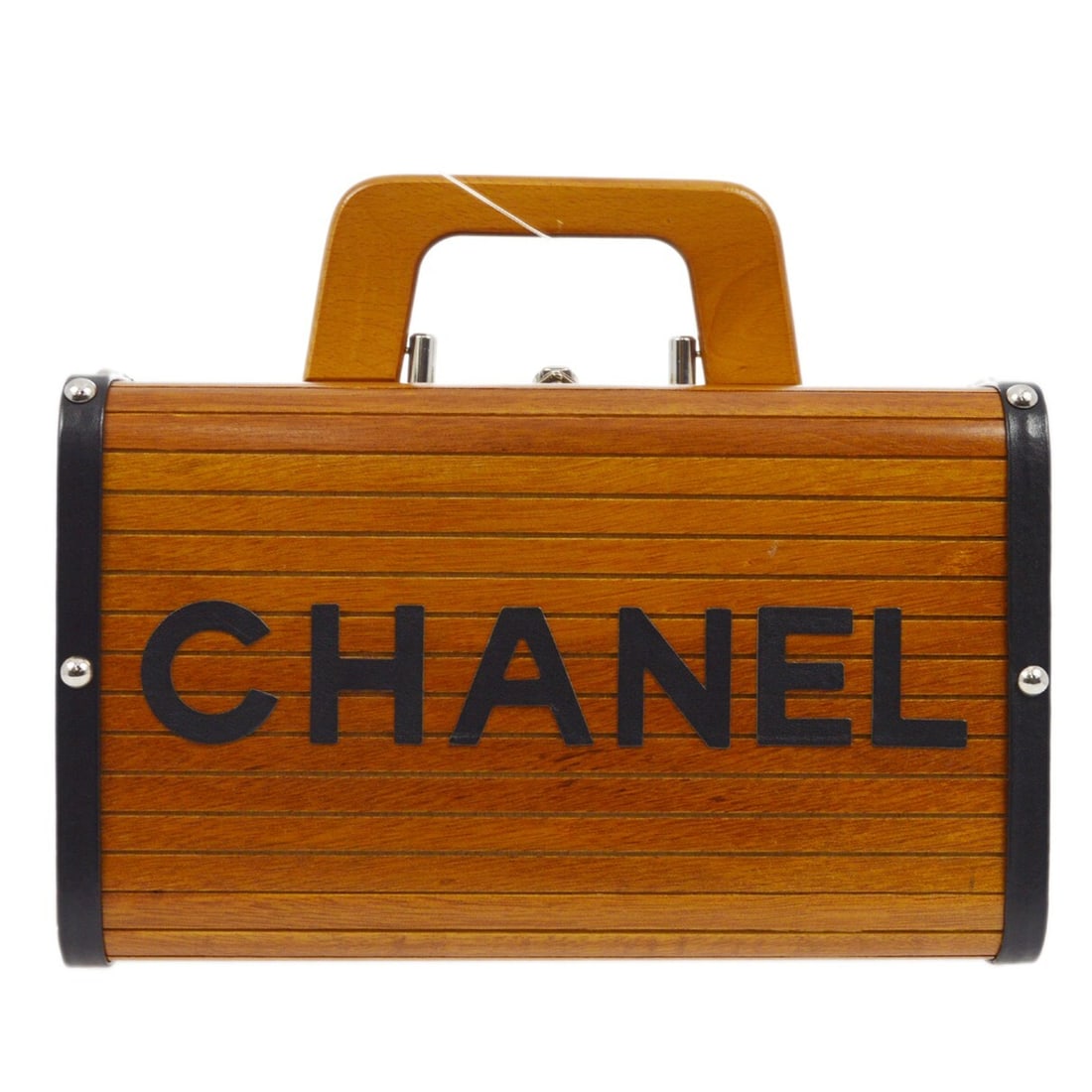 CHANEL Vanity Box Handbag Brown Black Wood Leather Top Handle: CHANEL Vanity Box Handbag Brown Black Wood Leather Top Handle Chanel vanity handbag box in brown and black with a structured wood and leather exterior, top handle, leather lining, and logo accents. Th