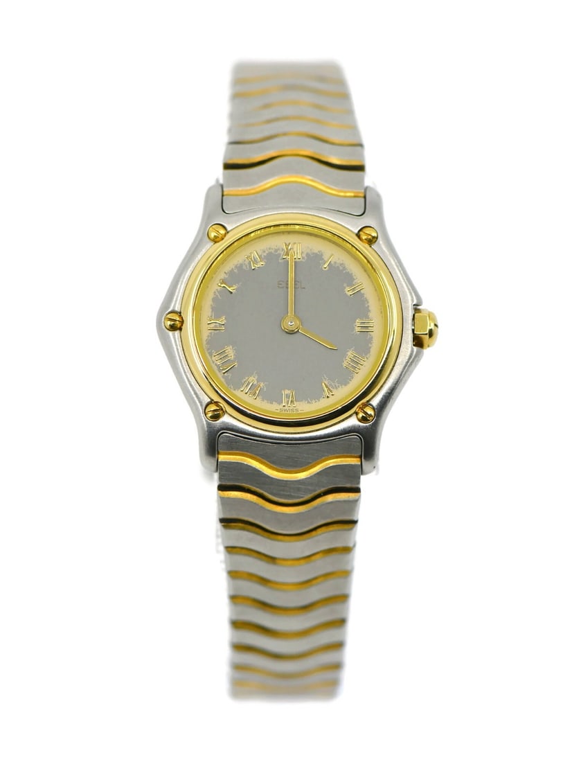 EBEL Sport Two Tone Stainless Steel Quartz Watch Ref 1057901: EBEL Sport Two Tone Stainless Steel Quartz Watch Ref 1057901 This Ebel Sport Two Tone Stainless Steel Watch is a stylish and functional timepiece perfect for any sports enthusiast. Featuring a quartz 