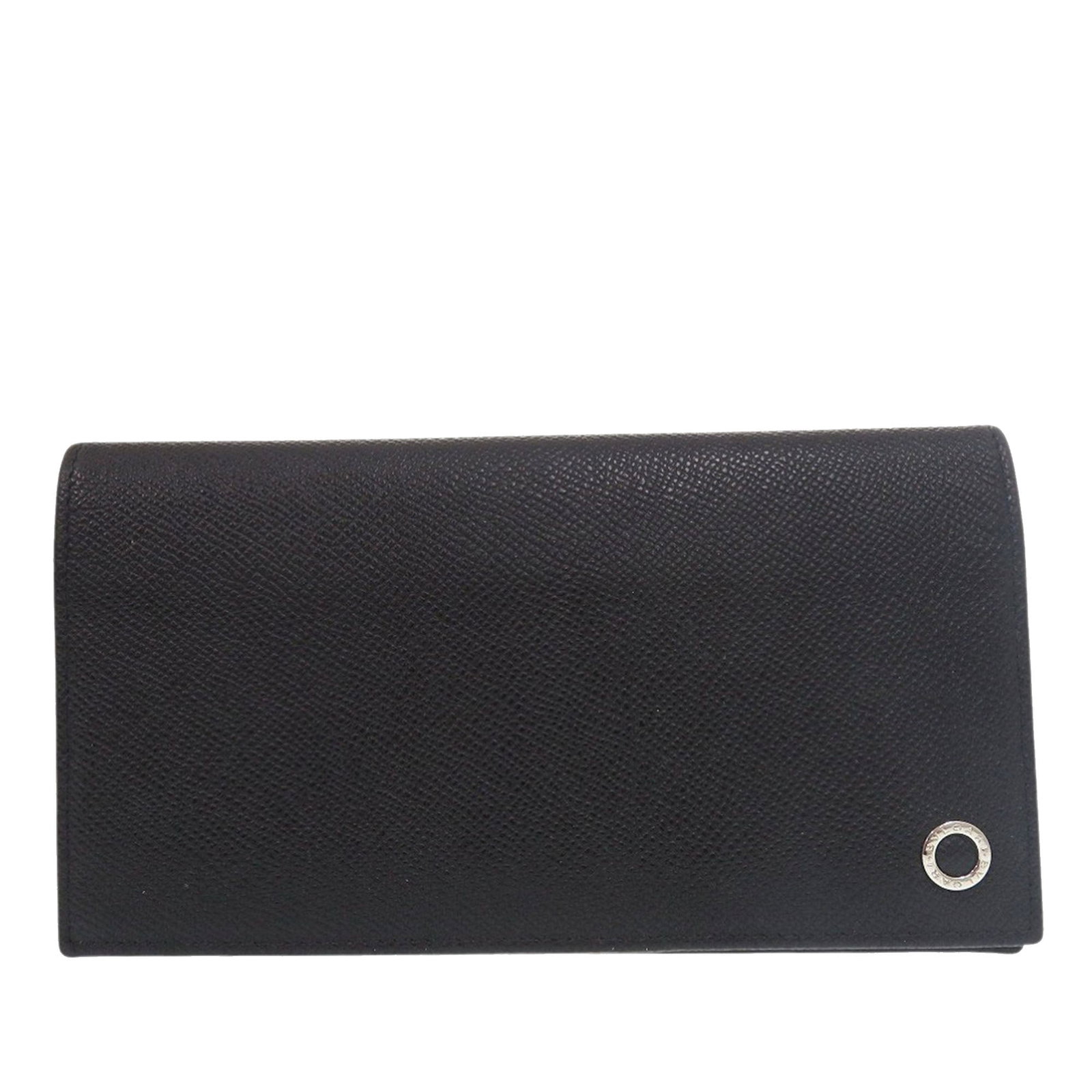 Bvlgari Bvlgari black grained calfskin long wallet: Bvlgari Bvlgari black grained calfskin long wallet This Bvlgari Bvlgari long wallet is crafted in black grained calfskin leather and features a flap with press button closure. The interior is designed