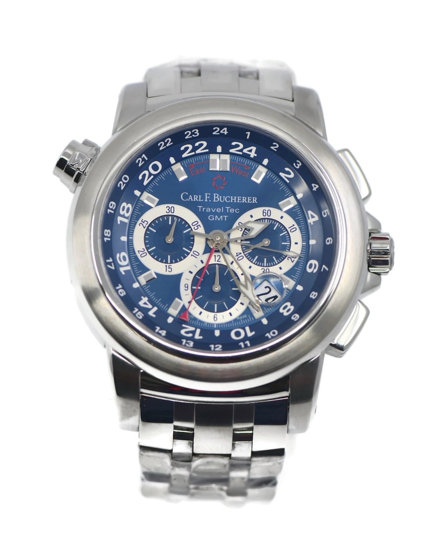 Carl F Bucherer Traveltec GMT 47MM mens stainless steel wristwatch: Carl F Bucherer Traveltec GMT 47MM mens stainless steel wristwatch Pre-owned Carl F. Bucherer Traveltec GMT wristwatch with a blue analog dial, automatic movement, and stainless steel case and band. T