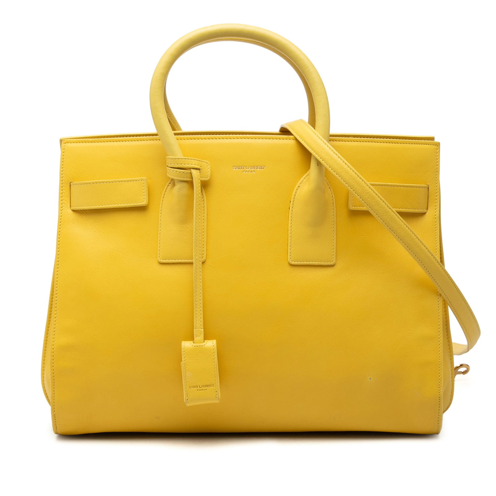 Saint Laurent Sac de Jour Small Yellow Leather Satchel: Saint Laurent Sac de Jour Small Yellow Leather Satchel Saint Laurent Small Sac de Jour satchel in yellow leather with rolled top handles, a detachable flat shoulder strap, an open top, and interior zi
