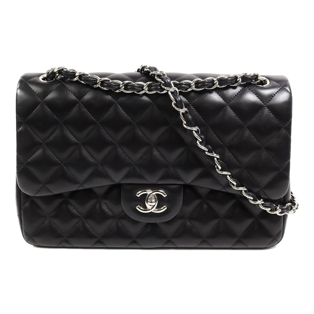 CHANEL Black Lambskin CC Shoulder Bag Large Classic Chain: CHANEL Black Lambskin CC Shoulder Bag Large Classic Chain This CHANEL Large Classic Chain Shoulder Bag is crafted from luxurious black lambskin leather and features the iconic CC logo with silver-tone