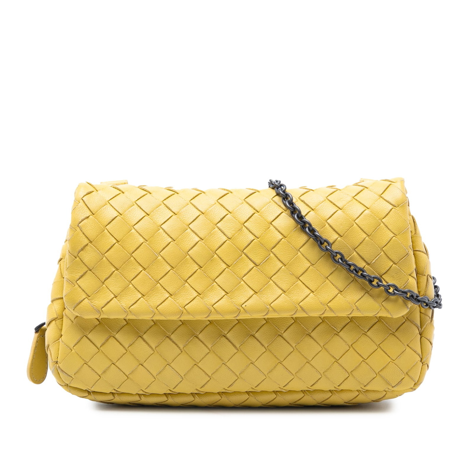 Yellow Intrecciato Leather Bottega Veneta Crossbody Bag: Yellow Intrecciato Leather Bottega Veneta Crossbody Bag This Bottega Veneta Mini Nappa Intrecciato Expandable Chain Flap Crossbody bag showcases the brand's signature woven leather design in a vibrant