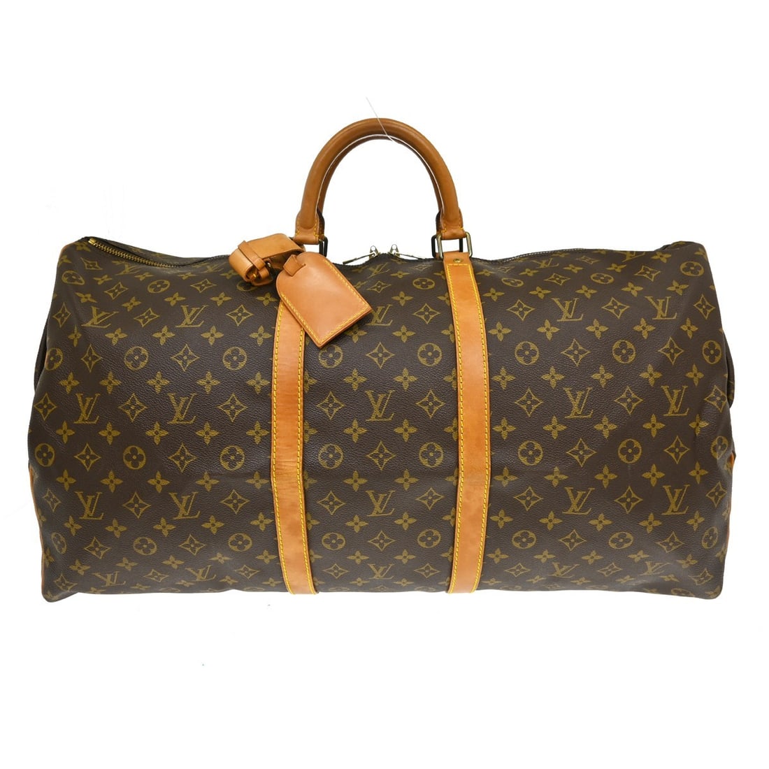 Louis Vuitton Keepall 60 Monogram Duffle Bag M41422 France: Louis Vuitton Keepall 60 Monogram Duffle Bag M41422 France Vintage Louis Vuitton Keepall 60 travel handbag in Monogram canvas with leather trim and double handles. This extra large duffle-style bag fe