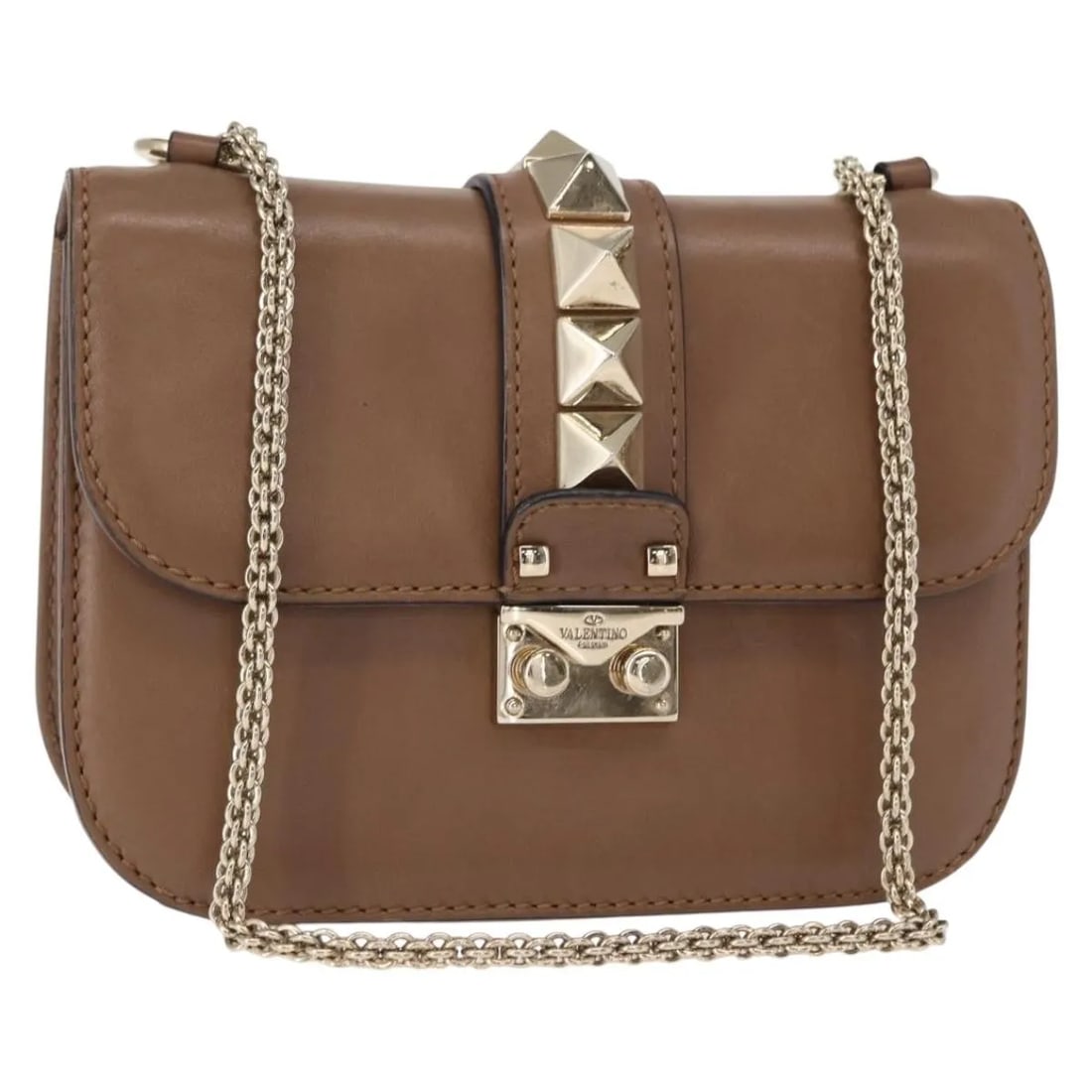 Brown Leather Shoulder Bag Valentino Garavani Rolling Rockstud Glam Lock (1 of 18)