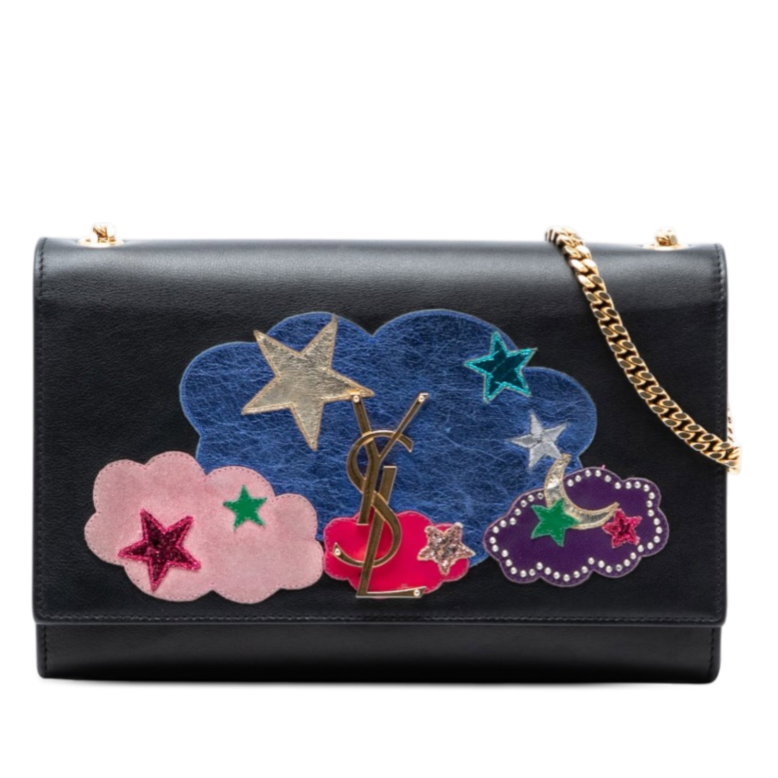 Saint Laurent Kate Medium Black Leather Cloud Star Patch Crossbody Bag: Saint Laurent Kate Medium Black Leather Cloud Star Patch Crossbody Bag This Saint Laurent Medium Lambskin Cloud Star Patchwork Monogram Kate Crossbody bag showcases a black leather body with star patc