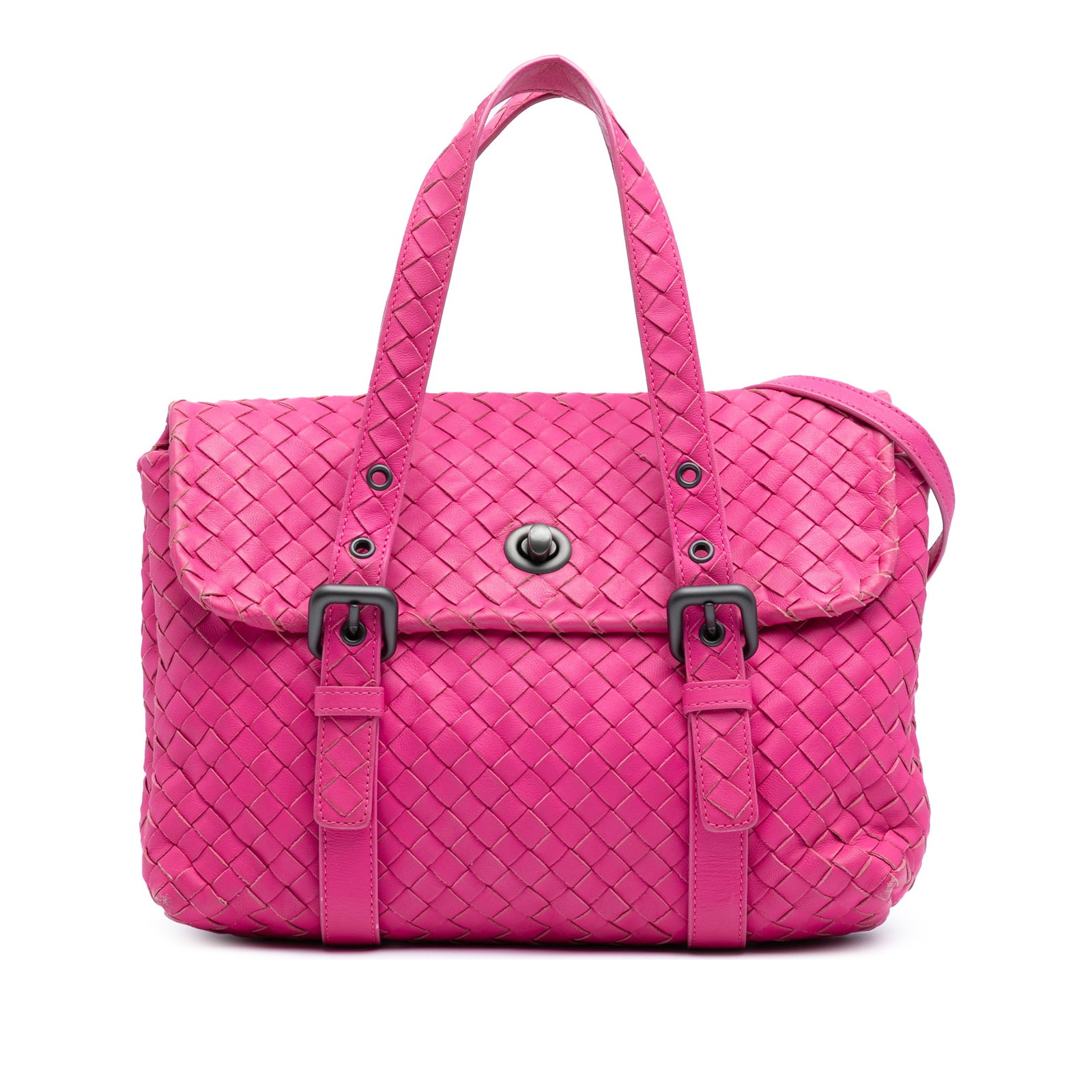 Bottega Veneta Pink Nappa Intrecciato Flap Satchel Bag: Bottega Veneta Pink Nappa Intrecciato Flap Satchel Bag The Bottega Veneta Nappa Intrecciato Flap Satchel is an elegant accessory featuring a beautifully woven leather body in a lovely pink hue. It com