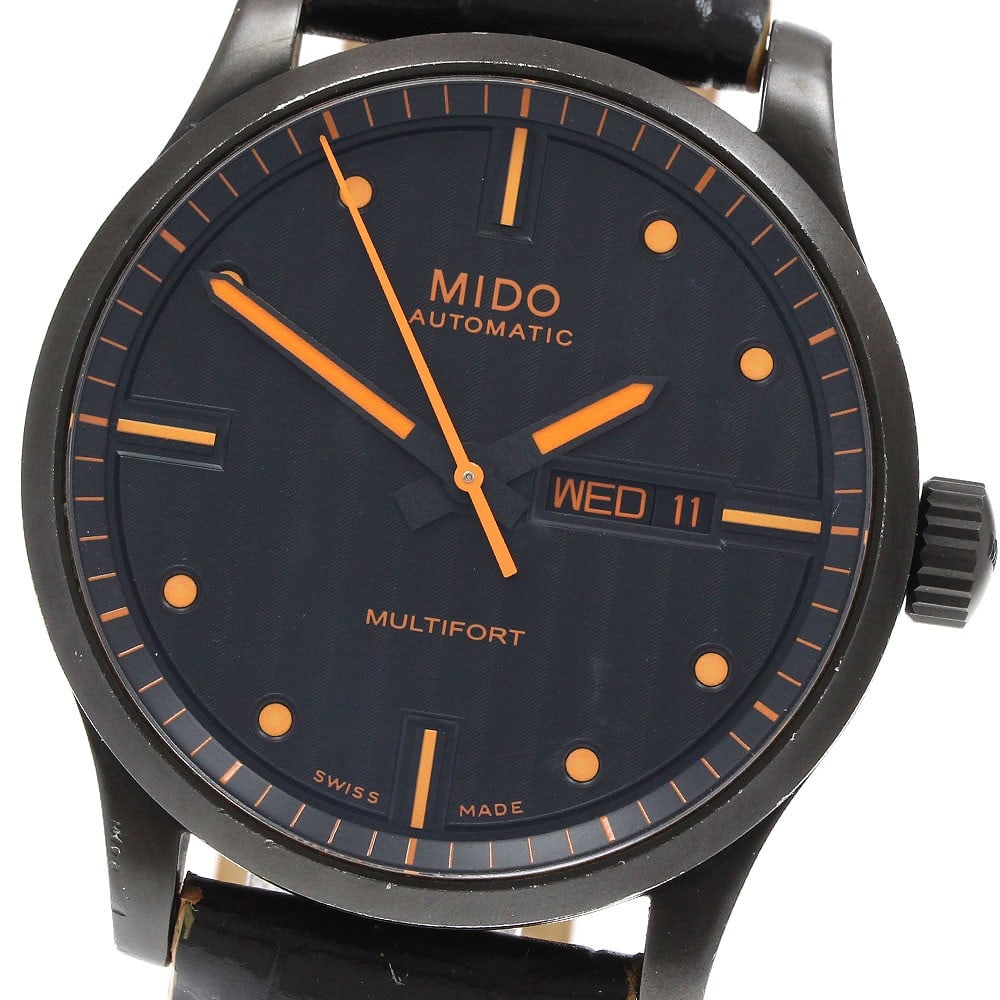 MIDO Multifort automatic day date wristwatch 42mm: MIDO Multifort automatic day date wristwatch 42mm This MIDO Multifort Day Date wristwatch is designed for men and features a classic black dial with a stainless steel case and a leather bracelet. The 