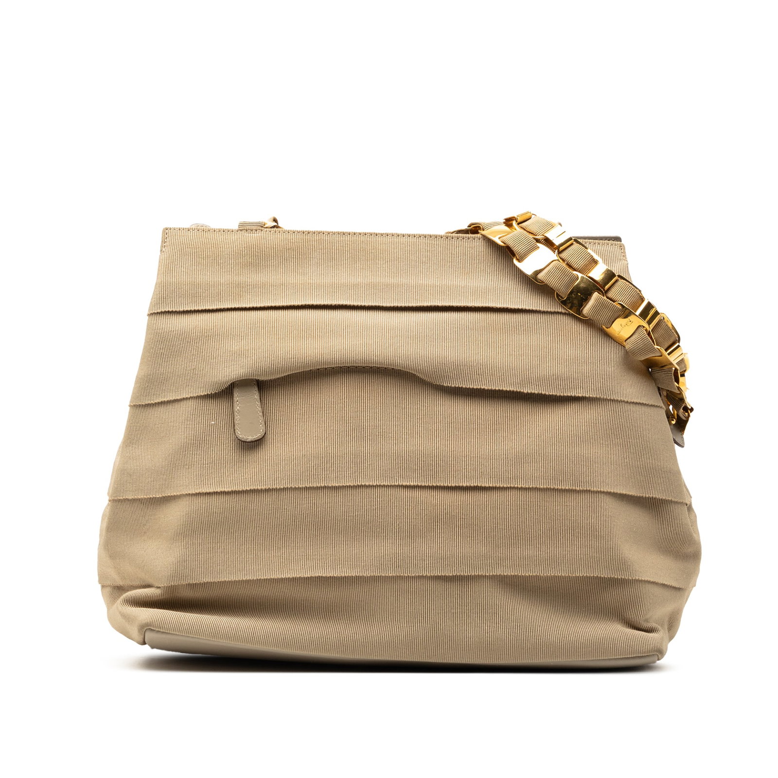 Ferragamo beige nylon chain strap shoulder bag: Ferragamo beige nylon chain strap shoulder bag This Ferragamo Nylon Tiered Grosgrain Shoulder Bag features a beige nylon body with tiered grosgrain detailing. It is designed with woven fabric chain li