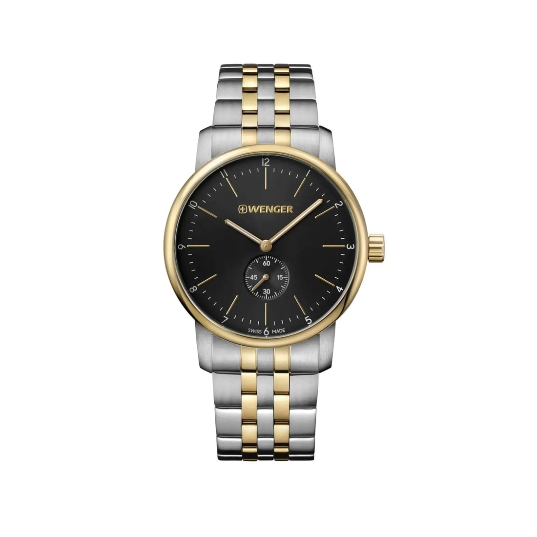Wenger Urban Classic 42mm Two-Tone Steel Black Dial Men's Watch Swiss Made: Wenger Urban Classic 42mm Two-Tone Steel Black Dial Men's Watch Swiss Made This Wenger Urban Classic men's wristwatch combines elegance with functionality. Featuring a classic black dial with Arabic n